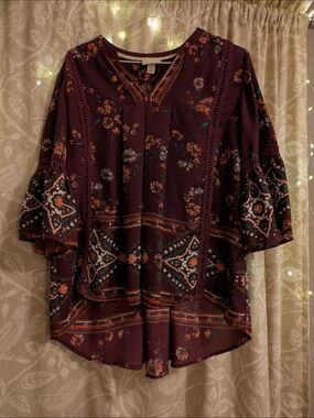 Knox Rose Plum Floral Crochet-Trim Boho Blouse